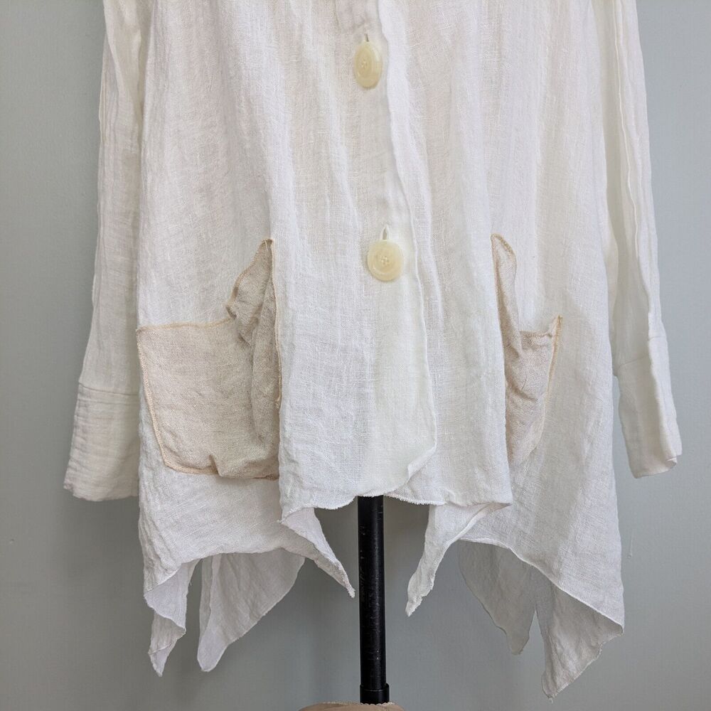 French Linen Top Size L Cream Brown Lagenlook Boho Gauze Neutral Artsy Avant - Picture 2 of 15